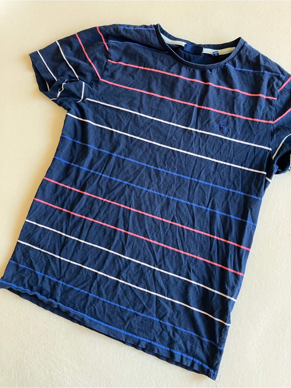 Gant Navy Short Sleeve Tee with Red, White & Blue Stripes